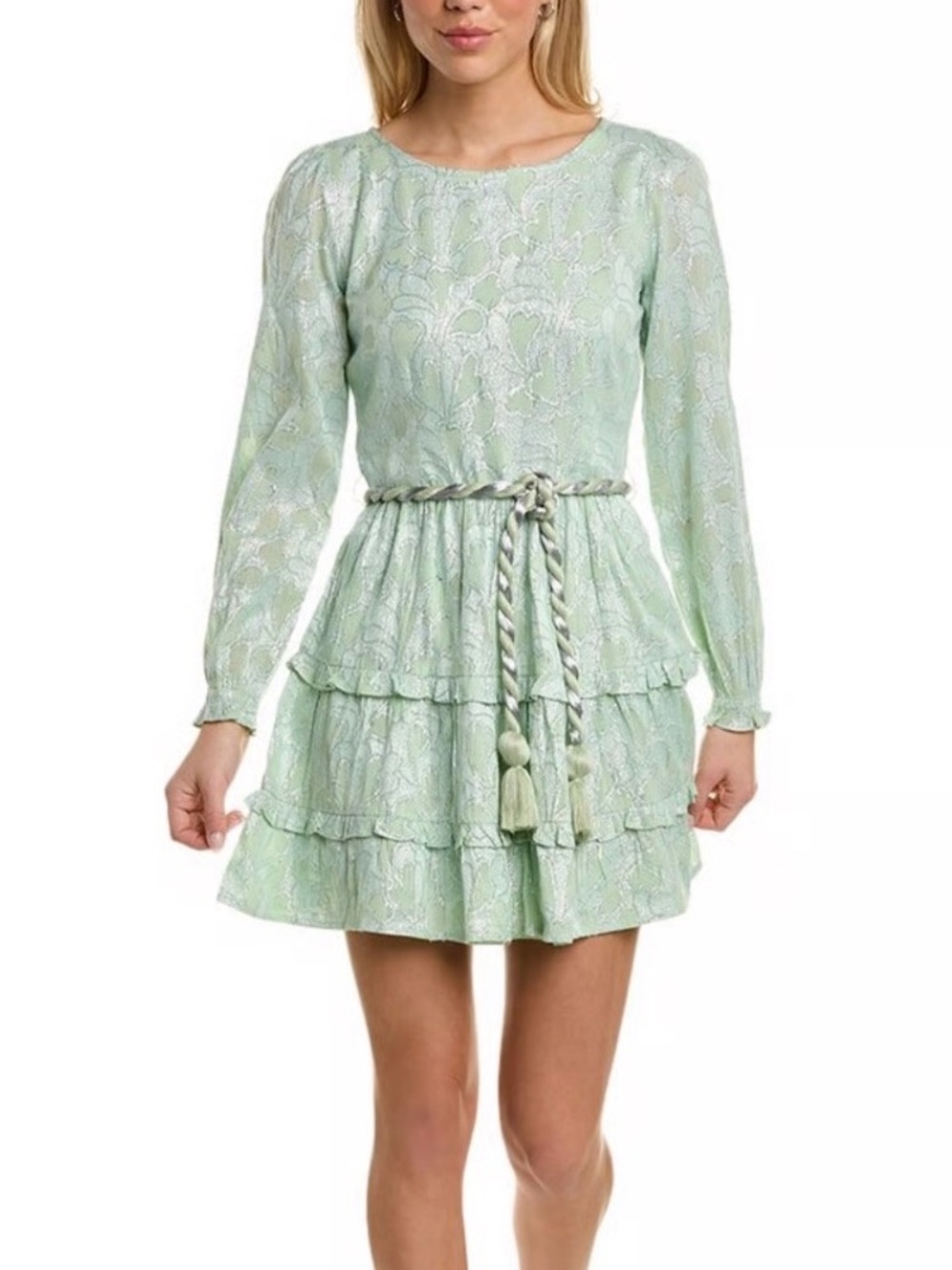 Roller Rabbit Mint Green 100% Cotton Tiered Long-Sleeve Dress w Silver Thread